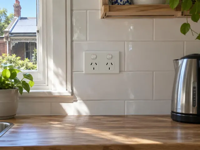 White double power point on a tiled kitchen wall above a timber benchtop in Crows Nest