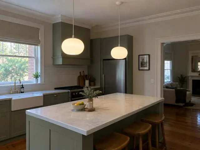 Kitchen with two pendant lights over a marble island, green cabinetry and hardwood floors in Wollstonecraft