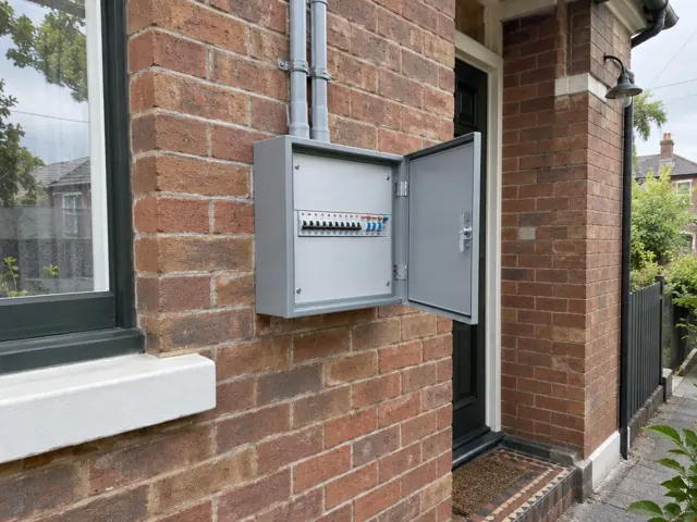 Outdoor switchboard on a brick house wall beside a front door in Waverton